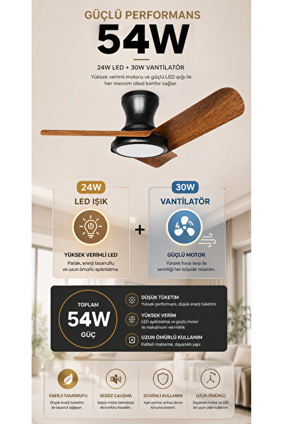 Goes LED Işıklı Tavan Vantilatörü Avize Armatür 80CM 54W 6 Hız Kademeli Kumandalı Telefon Uygulaması Kontrollü GVA-54