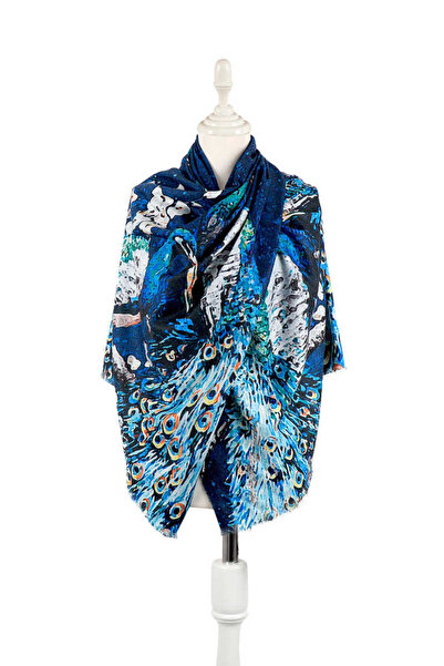 Bursa İpek Blue Peacock Pattern Winter Shawl