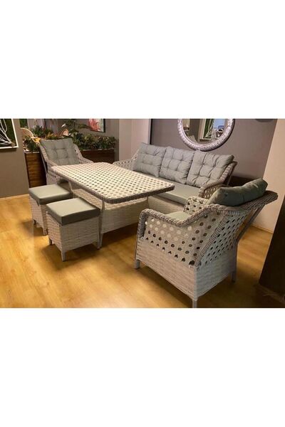 KalyonHome Garden Marsilya Rattan Bahçe Balkon Mobilyası 3+1+1+2puf ve Masa