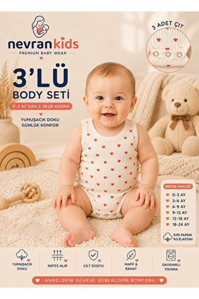 nevrankids Yenidoğan Bebek Çocuk 3'lü Body Zıbın Set