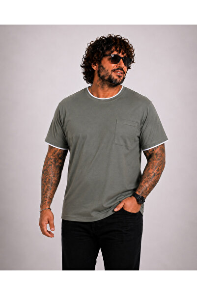 Starbattal Men's Large Size Crew Neck T-Shirt with Pocket 26143 Khaki