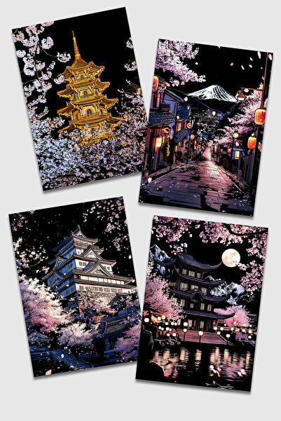 Sakura Geceleri 4'lü Set Kazıma Sanatı Scratch Art A3 6 Kalem Fırça
