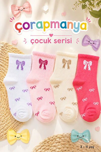 çorapmanya Çocuk 4 Çift Kelebek Kurdele Desenli Kadın Çok Renkli Kolej / Teni...