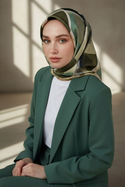 Vissona %100 Twill İpek Geometri Desenli Küf Yeşili - Krem Renkli 90x90 Eşarp...