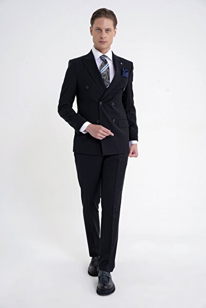 Efor Slim Fit Çift Yırtmaç %95 Pamuk Lacivert Çizgili Kruvaze Takım Elbise TK...