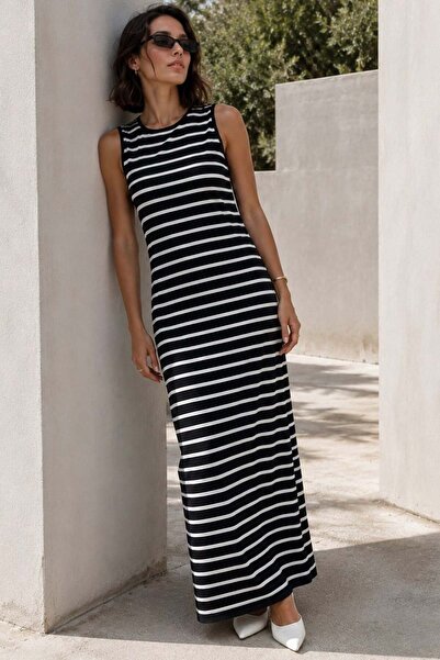 Madmext Navy Blue Crew Neck Striped Casual Dress Mg2803