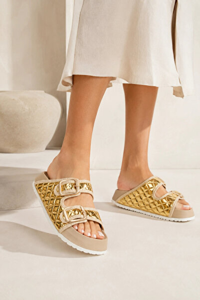 Sivarro Quilted Buckle Home Outdoor Women's Slippers – Gold