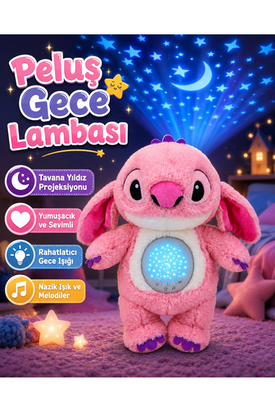 Hurbuy Projeksiyonlu Müzikli Pembe Stitch Angel Peluş Oyuncak Gece Lambası Uy...