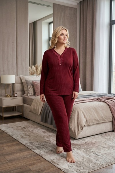 Eyfuze Set de pijamale din bambus, cu mânecă lungă, cu model, cu guler cu nas...