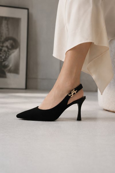 moon glow Women's Black Pointed Toe Thin Heeled Shoes Ankle Strap Stylish Daily and Special Occasion Model Trend