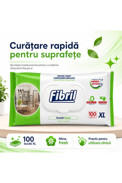 Fibril Servetele Umede pentru Suprafete, Aroma Fresh Clean, 100 Bucati, XL Ex...