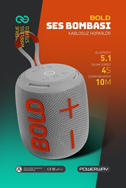 POWERWAY Bold Gri Taşınabilir Ses Bombası Kablosuz Bluetooth Hoparlör Speaker...