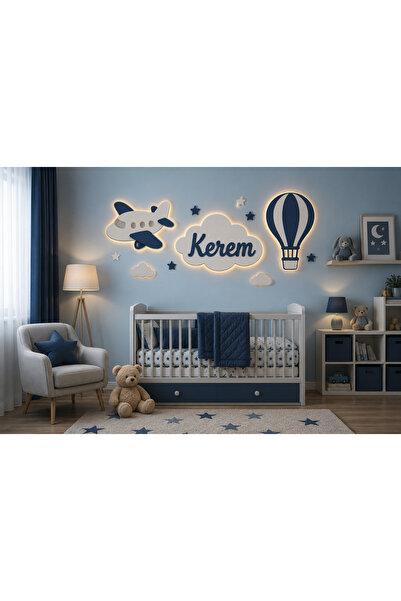Runc Design İsimli LED Işıklı Çocuk Odası Duvar Dekoru - Uçaklı Balonlu Ahşap...