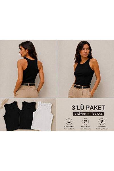 GÖZDE GİYİM Kadın 3’lü Paket Halter Yaka Fitilli Likralı Atlet Crop