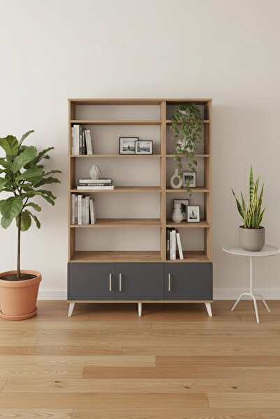 mobihobi Silva 10 Raflı 3 Kapaklı Çam-Antrasit Dolap | 132x30x195 CM - Kitapl...