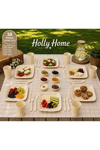 HOLLYHOME 38 Parça 6 Kişilik Çantalı Piknik Seti – Krem Rengi, Dayanıklı, Kol...