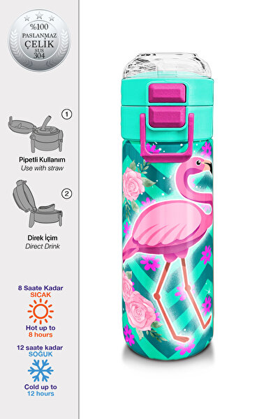Coral High Kids Su Yeşili Pembe Flamingo Desenli Pipetli ve Direkt İçim Çelik...