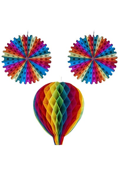 partidolu Karışık Renk Rainbow Kağıt Yelpaze Süs ve Petek Süs 30 cm 3 Lü Set ...