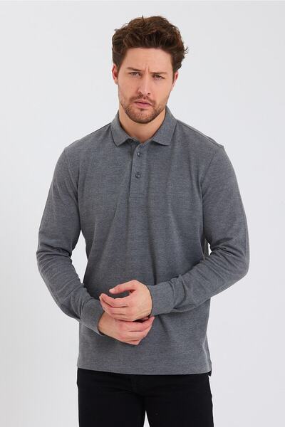 ENQUE Erkek Polo Yaka Comfort Uzun Kollu Basic Antrasit Tişört