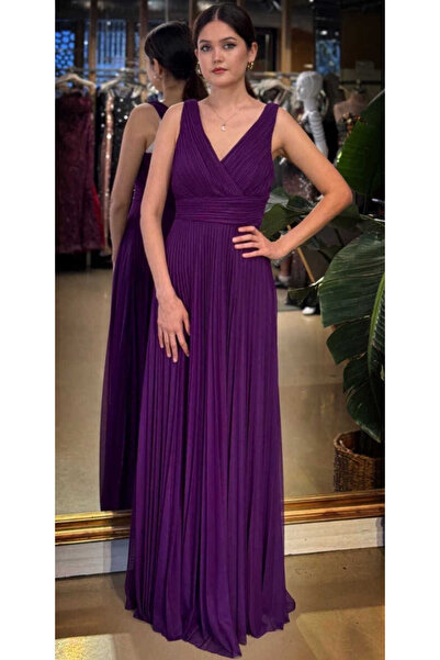 Abiyeniall Damson V Yaka Kalın Askı Kloş Etekli Şifon Uzun Abiye Elbise 11098-08
