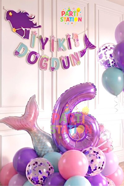 Parti Station Mor Rakam Balon Deniz Kızı Konsept Parti 6 Yaş Balon Set Mermai...