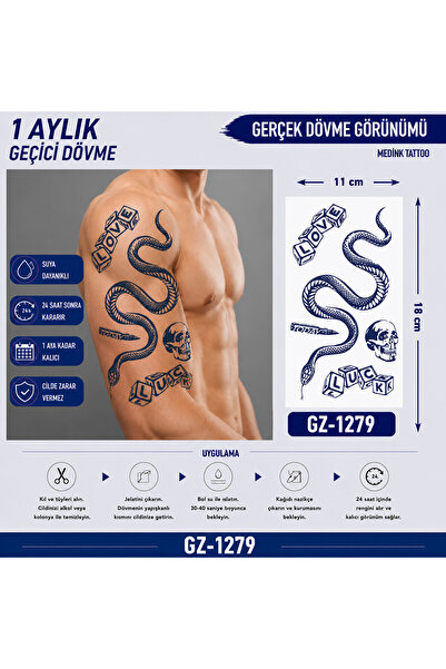 medink tattoo 1 Ay Kalıcı Sonradan Kararan 11X 18 cm Yılan model geçici dövme...