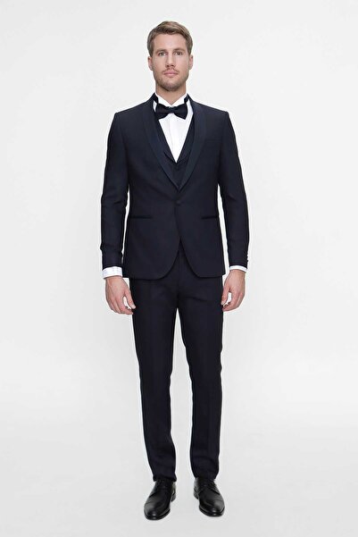 Morven Erkek Lacivert Santorin Ceremonia Jakarlı Slim Fit Dar Kesim Damatlık
