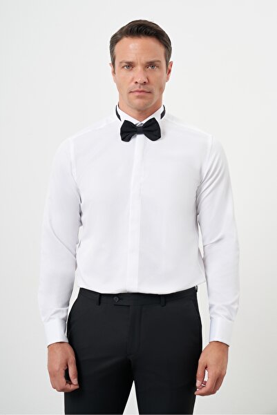 Morven Cămașă slim fit pentru bărbați, albă, cu model jacquard, cu guler de cal