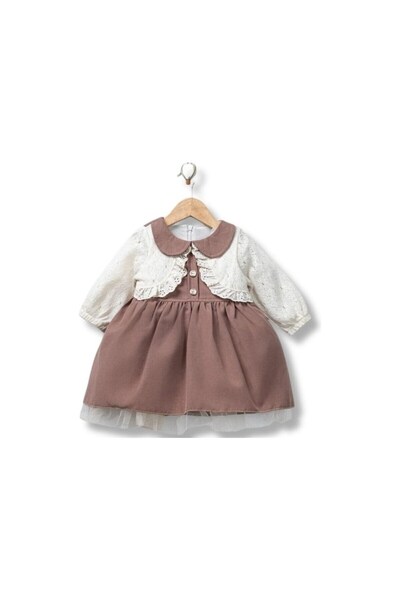 Canöz Kids Baby Flower Embroidered Girl's Dress 9-24 Months Brown