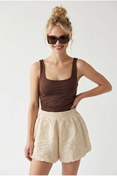 Mixray 2123 Lined High Waist Balloon Mini Shorts Beige