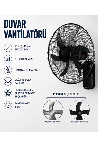 by forever Master Duvar Vantilatörü 18” 6 Hız Ayarı Uzaktan Kumandalı 60 W 3 ...