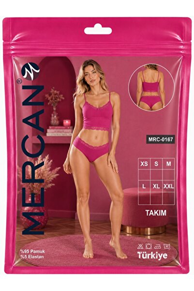 Mercan Kadın Dantel Detaylı Fuşya Crop Alt Üst Takım (Atlet+Slip)
