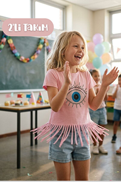 Hilal Akıncı Kids Girl's Bohemian Style Eye Print T-Shirt with Fringe Detail ...