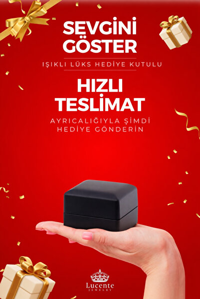 Lucente Jewellery Işıklı Hediye Kutulu Evlenme Teklifi Yüzüğü 925 Ayar Luxury Serisi Pırlanta Montürlü Tektaş Nişan Gümüş Sonsuz Aşk Simgesi Küpe Hediyeli Tek Taş Sevgiliye Evlilik Teklifi İçin Ayarlanabilir Yüzük