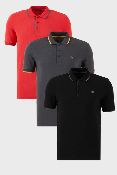 Buratti Pamuklu Regular Fit Şerit Detaylı Düğmeli Polo Yaka 3'lü Paket T Shir...