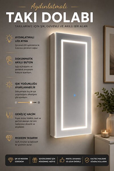 DECOBOX Paris Led Aydınlatmalı Boy Aynalı Takı Dolabı Sarı Işık