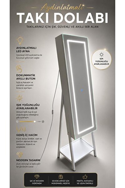 DECOBOX Led Aydınlatmalı Boy Aynalı Takı Dolabı