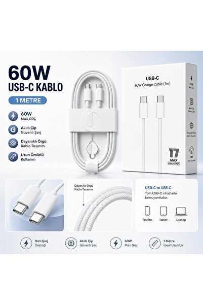 İphone 15 / 16 / 17 Uyumlu 60W Şarj Kablosu (Kutulu)