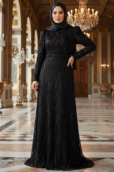 Neva Style Boncuk İşlemeli Siyah Tesettür Abiye Elbise 22633S