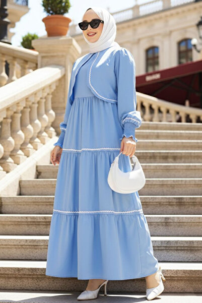 N.S NEVA STYLE Baby Blue Hijab Dress with Bolero Detail 20325Bm