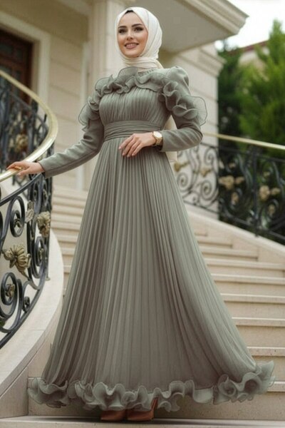 N.S NEVA STYLE Fırfır Detaylı Mint Tesettür Abiye Elbise 55691MINT