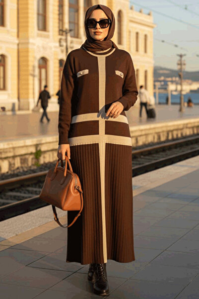 N.S NEVA STYLE Καφέ Πλεκτό Φόρεμα Τεσετύρ 27503KH