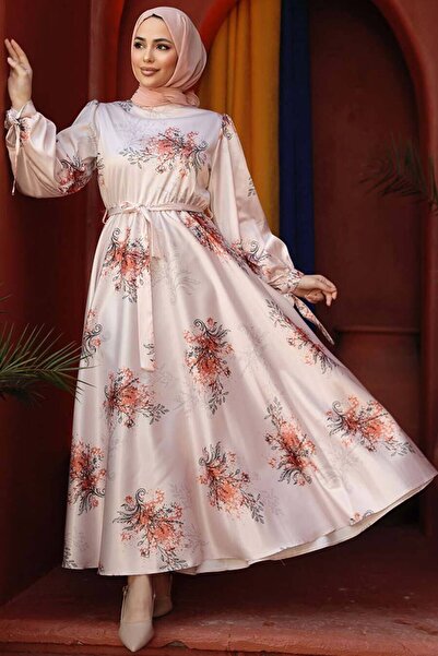 Neva Style Floral Patterned Orange Hijab Dress 60911T