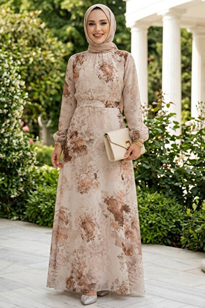 Neva Style Φόρεμα Hijab Μπεζ με Floral σχέδιο 27967BEJ