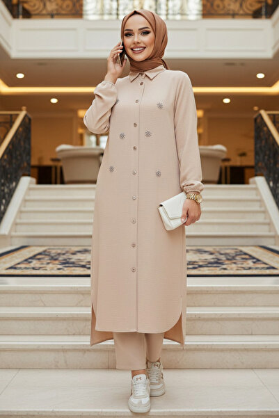 Neva Style Set dublu Hijab bej cu detaliu de mărgele 12082BEJ