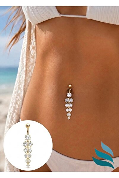 Bylin Cerrahi Çelik Sallantılı Zirkon Taşlı Göbek Piercing - Bar Uzunluğu 10 Mm