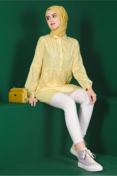 TRENDTESETTÜR KADIN SARI ÇİÇEK DESENLİ DÜĞMELİ TUNİK T 42876