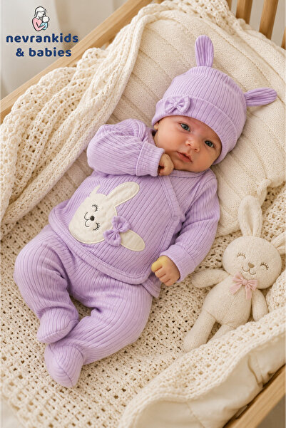 nevrankids Kız Bebek Organik Kumaş Lila 5 Parça Hastane Çıkışı Seti