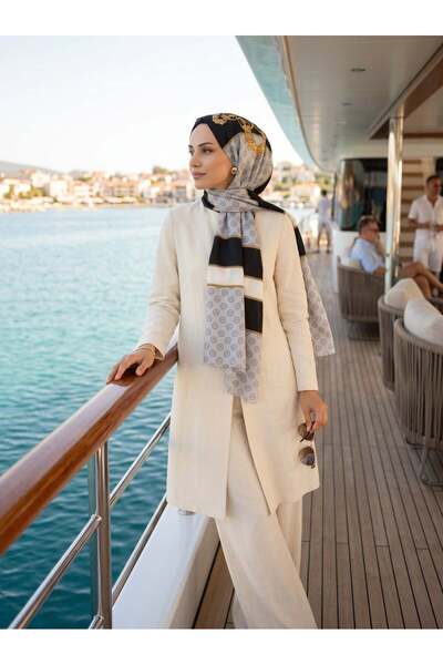 Vissona %100 Saf İpek Şal İnce Saten Vual Dokuma Monogram Ve Varak Desenli Gr...