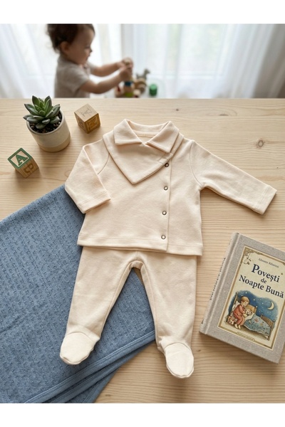 INFANT Set hăinuțe nou-născut Princess Ecru cu guler volănaș și păturică roz ...